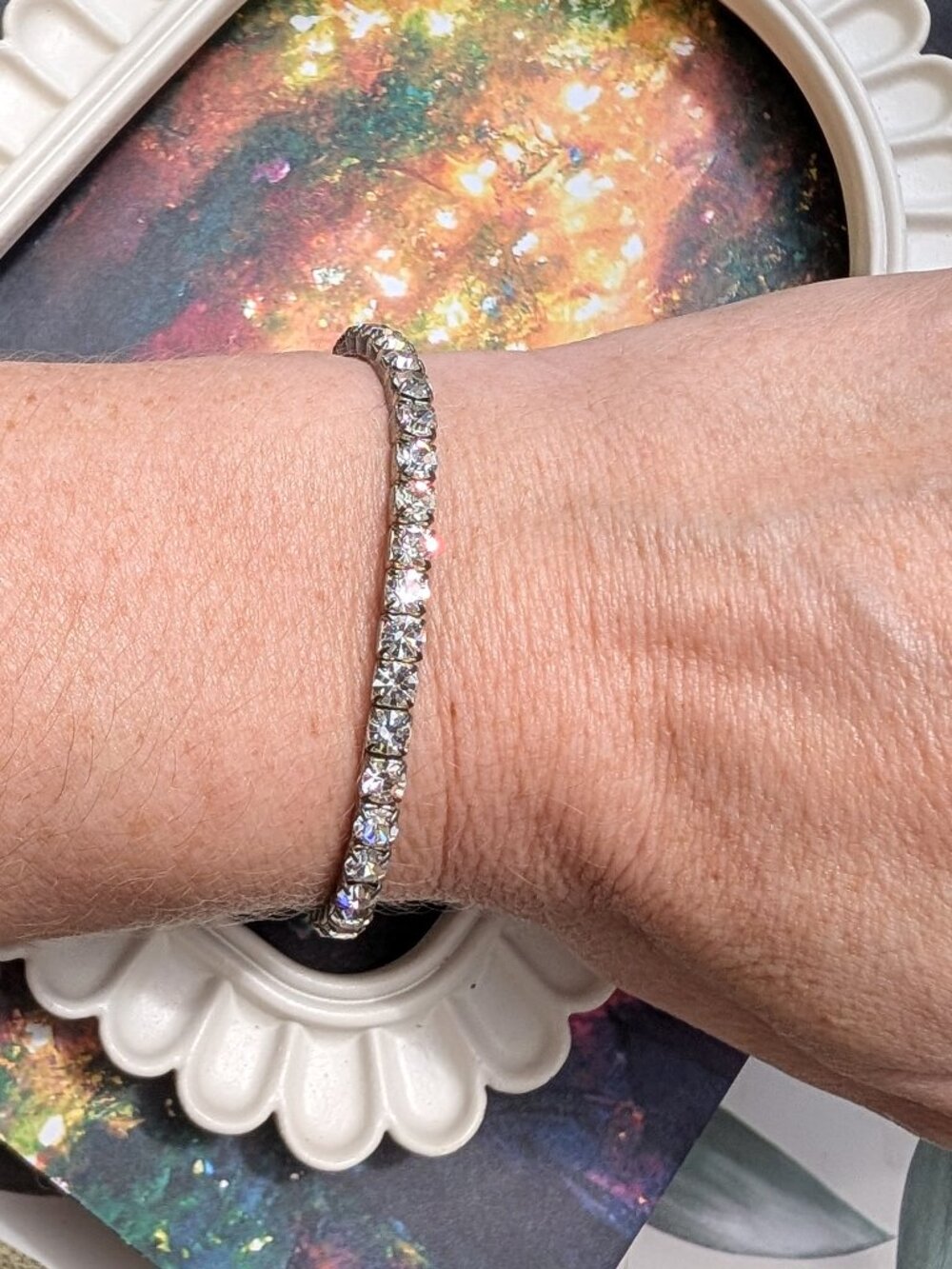 Vintage Rhinestone Silver Tone Bracelet, Elastic